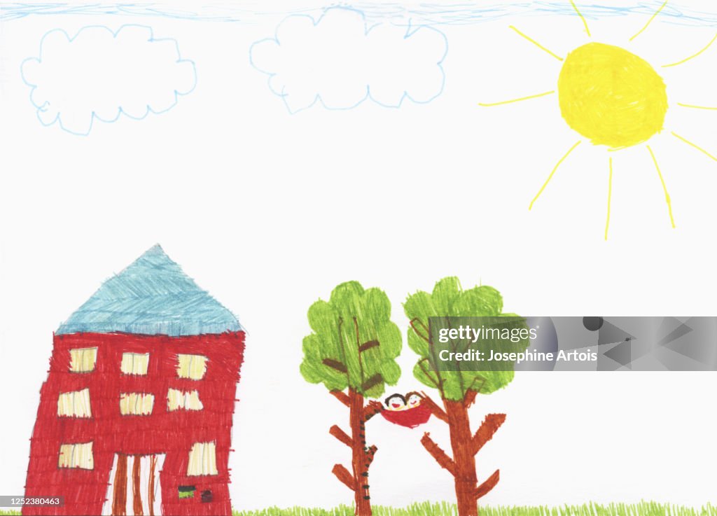 Childs drawing house and kids in hammock between trees
