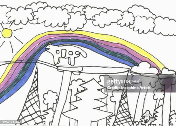 childs drawing rainbow and trees - drawing activity stock illustrations