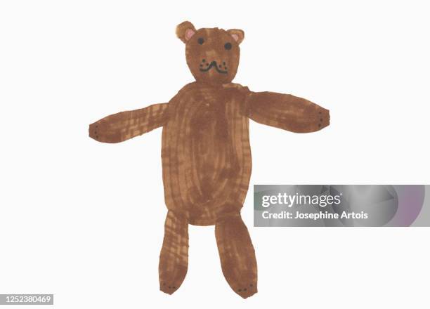 ilustraciones, imágenes clip art, dibujos animados e iconos de stock de childs drawing cute brown teddy bear on white background - osito de peluche