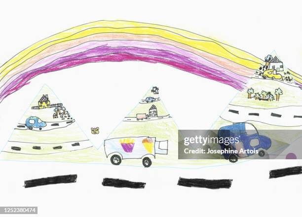 childs drawing cars and trucks on road below rainbow - freight transportation stock illustrations