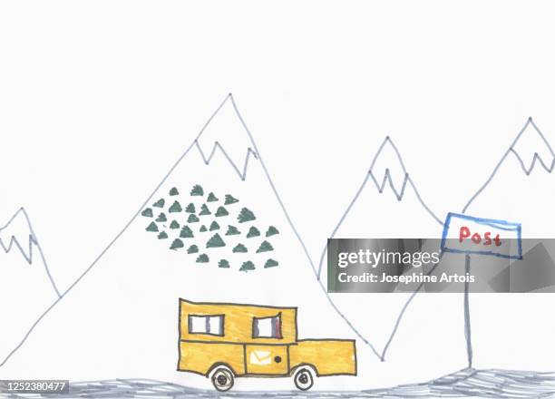 childs drawing mail truck driving below mountains - service postal stock-grafiken, -clipart, -cartoons und -symbole