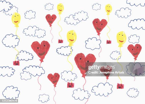 childs drawing anthropomorphic balloon pattern in cloudy sky - child's drawing stock illustrations