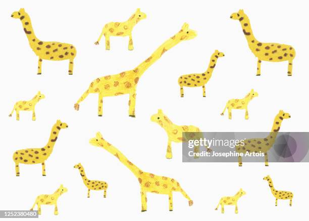 childs drawing yellow giraffe pattern on white background - giraffe drawing stock illustrations
