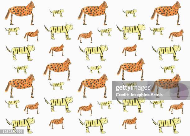 childs drawing tiger and cheetah pattern on white background - happy backgrounds stock illustrations