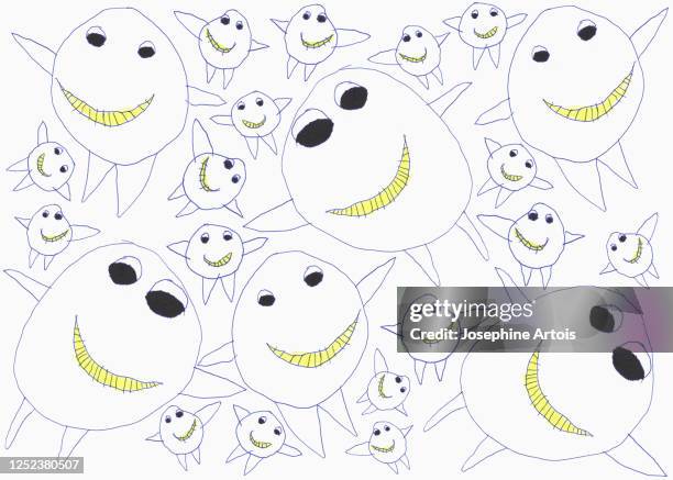 illustrations, cliparts, dessins animés et icônes de childs drawing happy cute monster pattern on white background - monstre