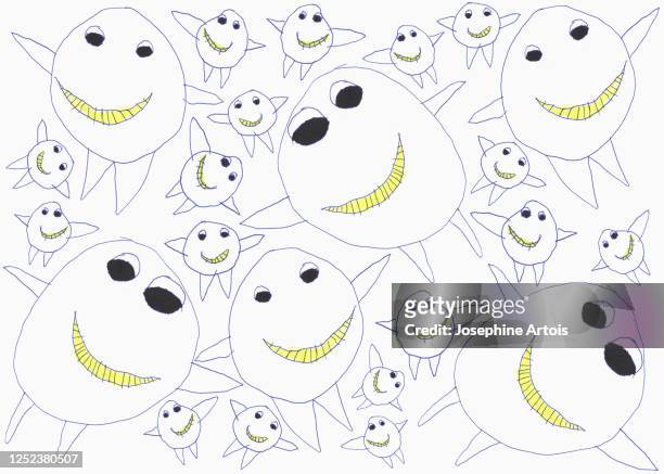 childs drawing happy cute monster pattern on white background - anthropomorphic face stock illustrations