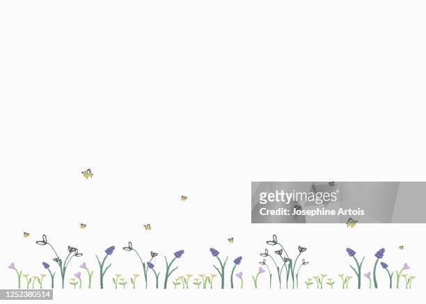 bumblebees flying above flowers on white background - マルハナバチ点のイラスト素材／クリップアート素材／マンガ素材／アイコン素材