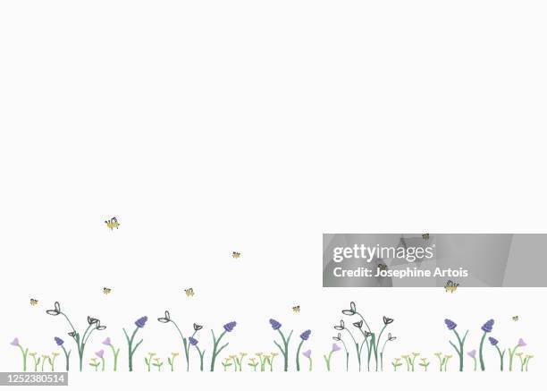 bumblebees flying above flowers on white background - fly insect stock illustrations