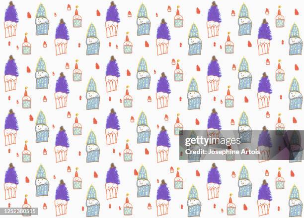 childs drawing anthropomorphic cupcakes - cake on face stock illustrations