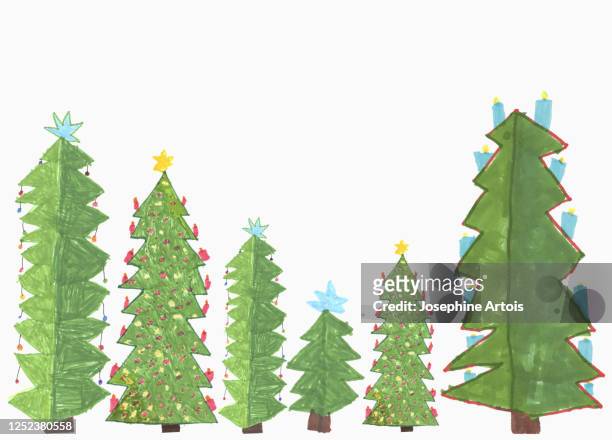 childs drawing decorated christmas trees - star space stock illustrations