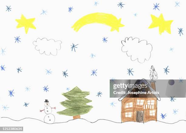 childs drawing snow falling over house and snowman - anthropomorphic face stock illustrations