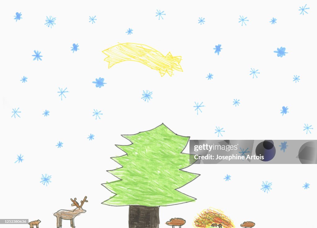 Childs drawing shooting start over tree and forest animals