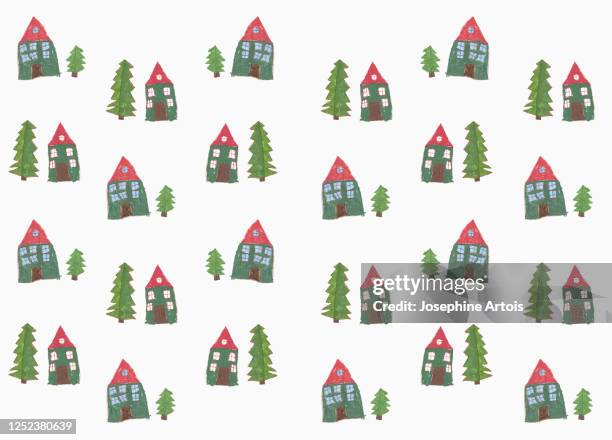 childs drawing house and tree pattern on white background - traditional home exterior stock illustrations