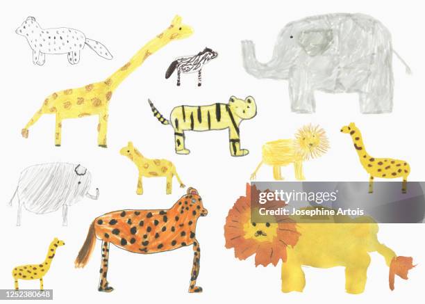 childs drawing safari animals on whit background - kids art 幅插畫檔、美工圖案、卡通及圖標