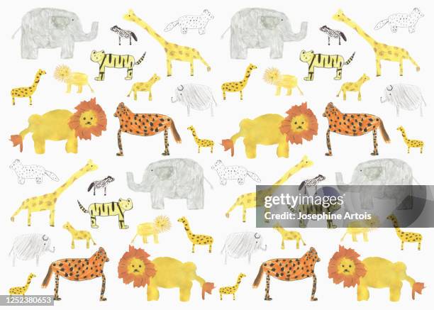 childs drawing safari animal pattern on white background - wild animal wallpaper stock illustrations