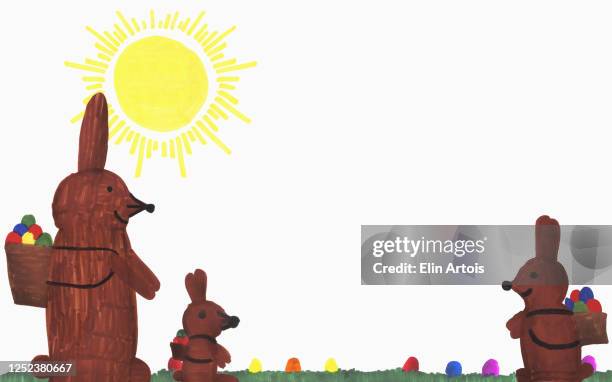 childs drawing easter bunnies with eggs in sunny grass - easter bunny illustration stock illustrations