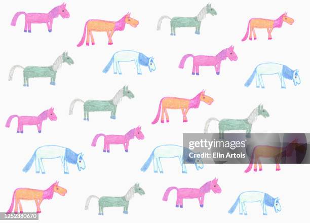 illustrazioni stock, clip art, cartoni animati e icone di tendenza di childs drawing multi colored horse pattern on white background - innocenza