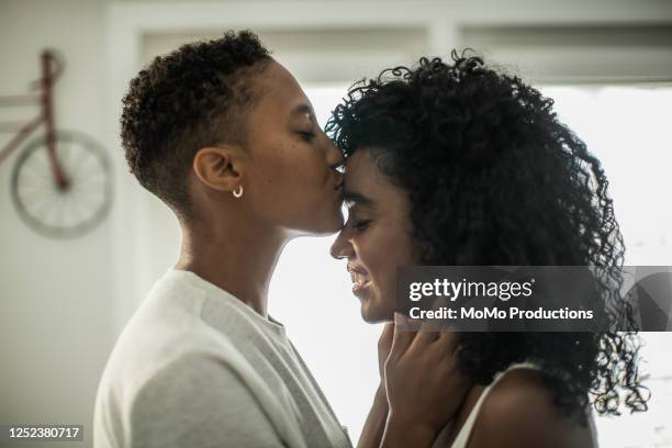 lesbian couple embracing at home - black lesbians kiss stock pictures, royalty-free photos & images
