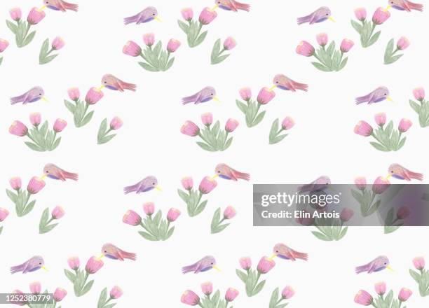 pink and purple hummingbird and flower pattern on white background - pastel coloured stock illustrations