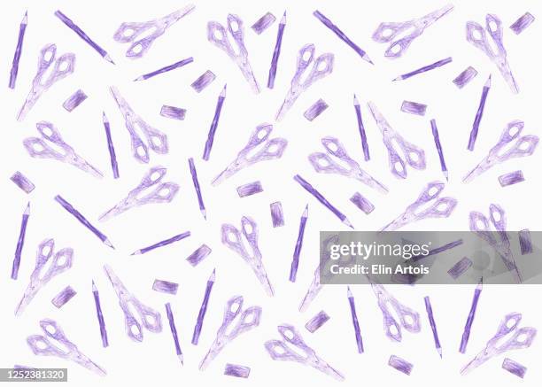 tiny purple scissors, erasers and pencils on white background - eraser stock illustrations