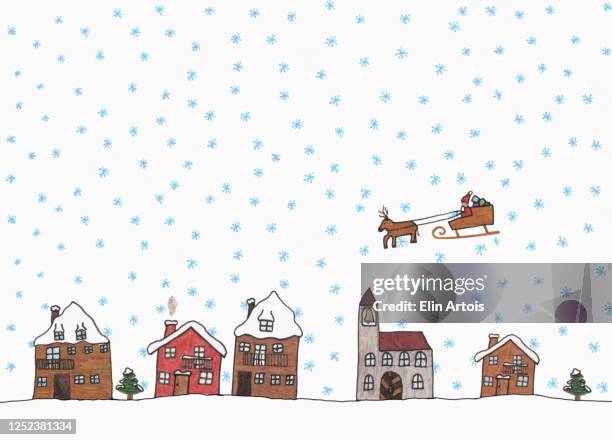 childs drawing santa claus in sleigh above snowy town - drawing activity stock illustrations