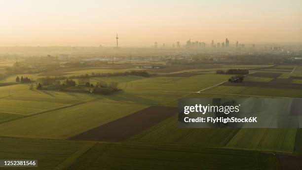 scenic view rural farmland and frankfurt cityscape at sunset, germany - hesse germany 個照片及圖片檔