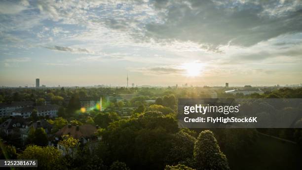 idyllic sunset over westpark, munich, bavaria, germany - munich stock-fotos und bilder
