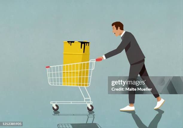 ilustrações de stock, clip art, desenhos animados e ícones de businessman pushing oil barrel in shopping cart - crude oil