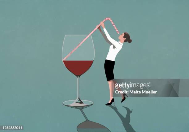 ilustraciones, imágenes clip art, dibujos animados e iconos de stock de businesswoman drinking from large wine glass with straw - alcoholismo