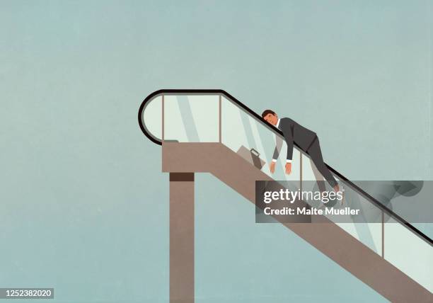 ilustraciones, imágenes clip art, dibujos animados e iconos de stock de exhausted businessman on ascending escalator - escalator