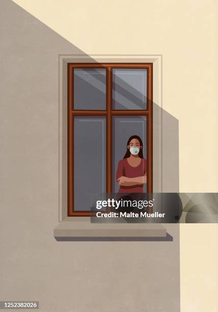 portrait woman in protective mask standing at apartment window - stay home 幅插畫檔、美工圖案、卡通及圖標