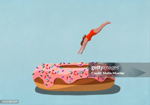 ilustrações, clipart, desenhos animados e ícones de woman diving into large sprinkled donut - sobremesa