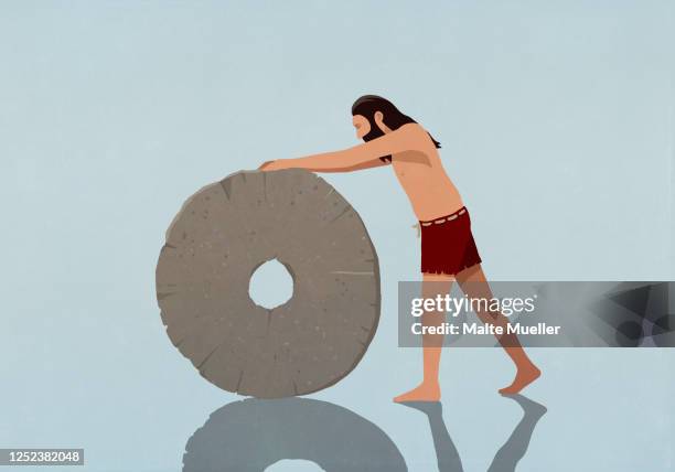 ilustrações, clipart, desenhos animados e ícones de caveman rolling stone wheel - idade da pedra