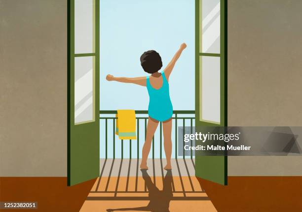 ilustraciones, imágenes clip art, dibujos animados e iconos de stock de girl in bathing suit stretching arms on sunny balcony - one girl only