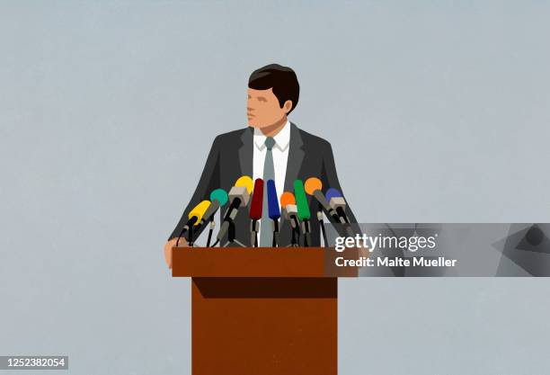 politician speaking at microphones on podium - presentation speech 幅插畫檔、美工圖案、卡通及圖標