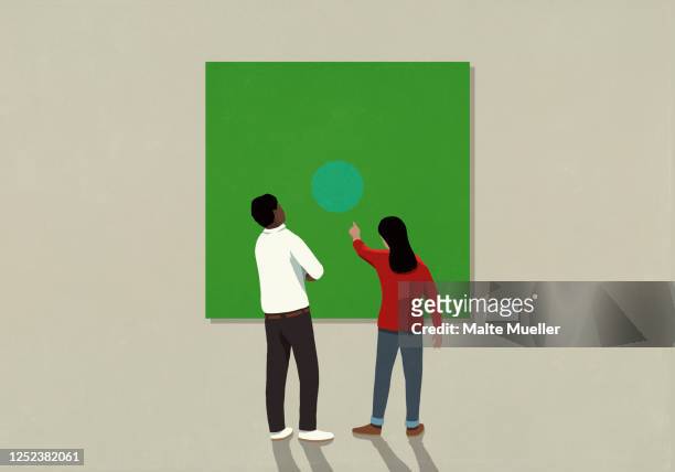 couple looking at abstract art in museum - look back stock illustrations