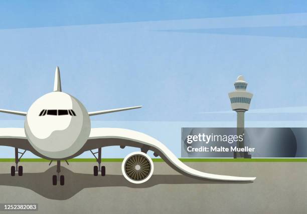 airplane with drooping wings parked on empty tarmac - airport stock illustrations