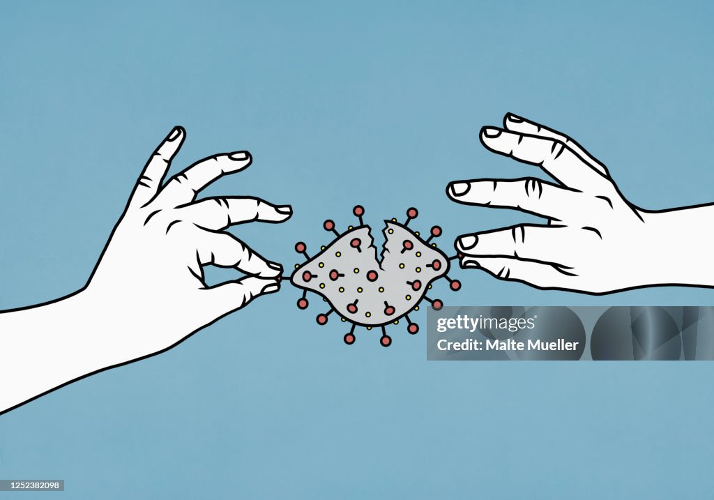 Hands dismantling coronavirus pathogen