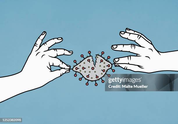 hands dismantling coronavirus pathogen - respiratory infection stock illustrations