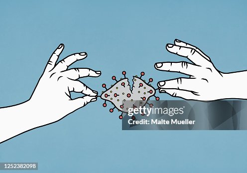 Hands dismantling coronavirus pathogen Hands dismantling coronavirus pathogen