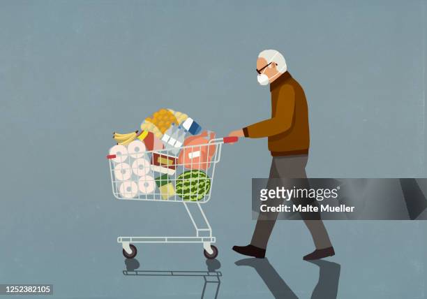 ilustraciones, imágenes clip art, dibujos animados e iconos de stock de senior man with protective face mask pushing groceries in shopping cart - gente de tercera edad activa