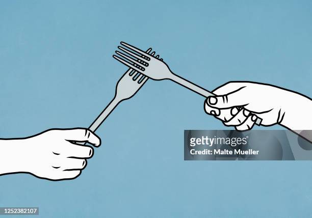 hands high-fiving forks - konfrontation stock-grafiken, -clipart, -cartoons und -symbole