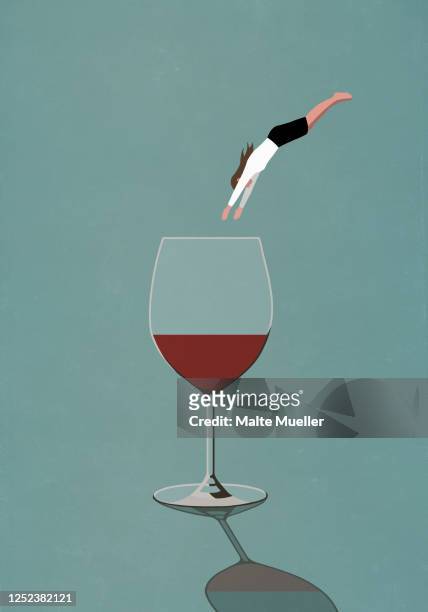 ilustraciones, imágenes clip art, dibujos animados e iconos de stock de businesswoman diving into large glass of wine - alcoholismo