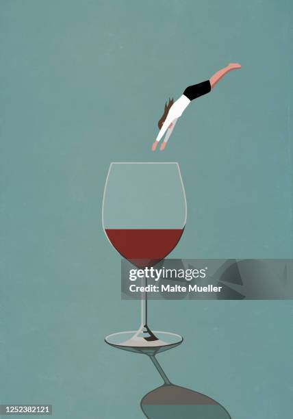 bildbanksillustrationer, clip art samt tecknat material och ikoner med businesswoman diving into large glass of wine - alcohol