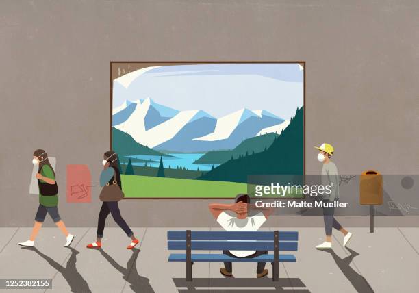 people in protective masks passing man on bench watching landscape billboard - safe travel stock illustrations