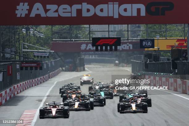 Drivers take the start of the Formula One Azerbaijan Grand Prix at the Baku City Circuit in Baku on April 30, 2023.