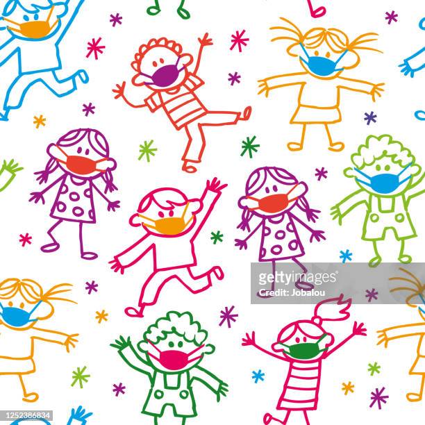 happy cartoon doodle kids with facial masks - child stock illustrations