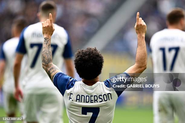 Lazio's Brazilian forward Felipe Anderson celebrates scoring his team's first goal during the Italian Serie A football match between Inter Milan and...