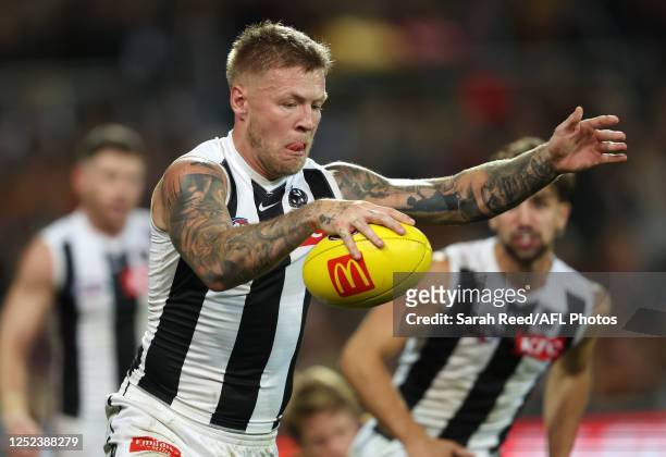 Jordan De Goey of the Magpies during the 2023 AFL Round 07 match between the Adelaide Crows and the Collingwood Magpies at Adelaide Oval on April 30,...