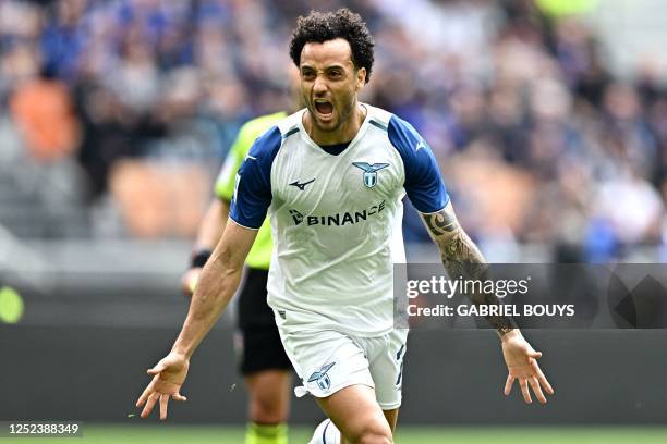 Lazio's Brazilian forward Felipe Anderson celebrates scoring his team's first goal during the Italian Serie A football match between Inter Milan and...